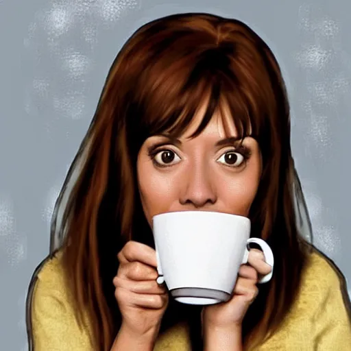 Image similar to lily aldrin ( himym ) drinking coffee in a cup, very detailed face
