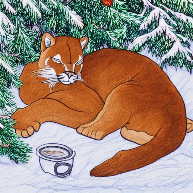 Image similar to colouring book showing 'a cougar sleeping in the middle of snowy pine tree' laying on coffee table, zoomed out shot, HD