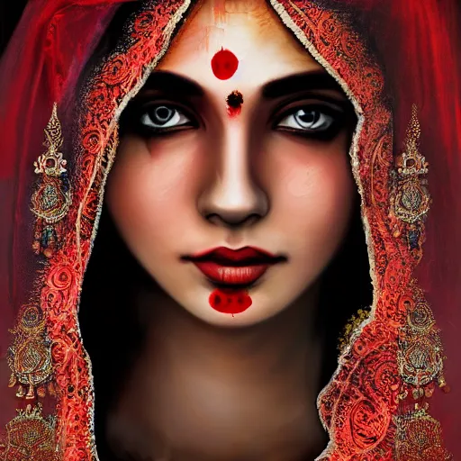 Image similar to beautiful Hindu lady of the dark with veil, cover with blood, horror terrifying, soft light, realistic, photorealistic, ultra detailed, high definition, irwin penn, full HD, 8k!