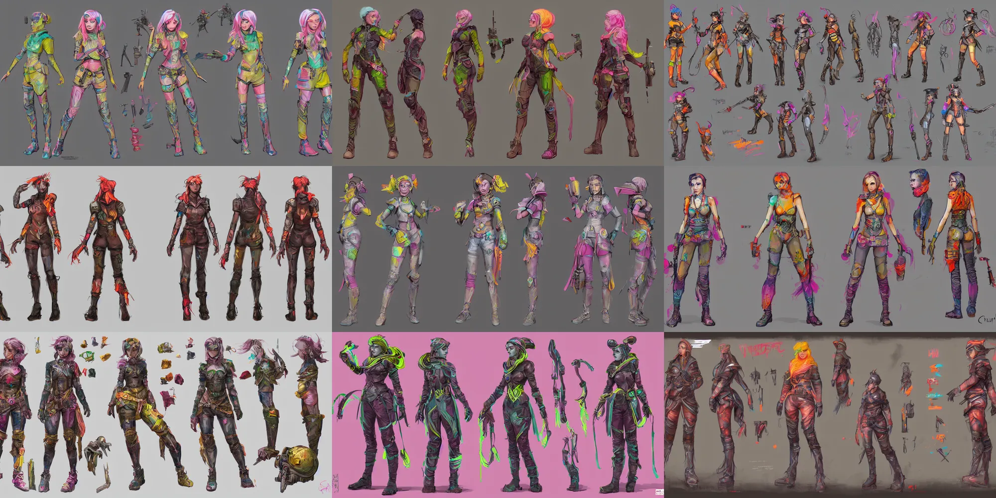 Prompt: character sheet, concept art, mid 2 0's female, colorful wasteland scavenger outfit, bright paint, by qui fang and artgerm, wlop