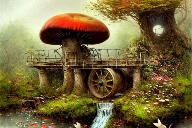 Prompt: adventurer ( ( ( ( ( 1 9 5 0 s retro future waterwheel and mill in forrest of giant mushrooms, moss and flowers stone bridge waterfall. muted colors. ) ) ) ) ) by jean baptiste monge!!!!!!!!!!!!!!!!!!!!!!!!! chrome red