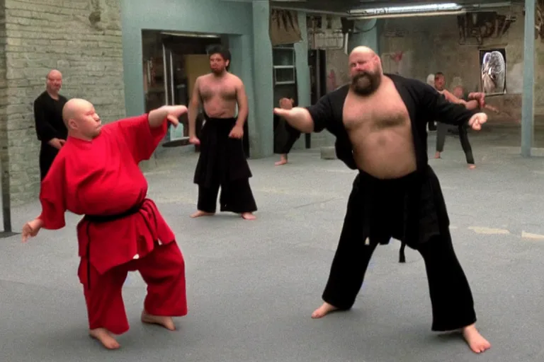 Prompt: 6 0 0 pound dwarf doing kung fu practice in the matrix