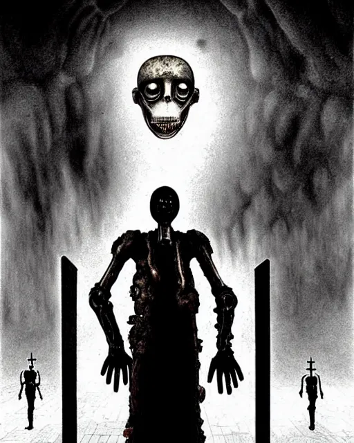 Image similar to full-body creepy realistic central composition, a decapitated soldier with futuristic elements. he welcomes you into the fog with no head, dark dimension portal, empty helmet inside is occult mystical symbolism headless full-length view. attendants watching, standing in ancient gate eldritch energies disturbing frightening eerie, uneasy atmosphere, artwork by Salvador Dali and Junji Ito