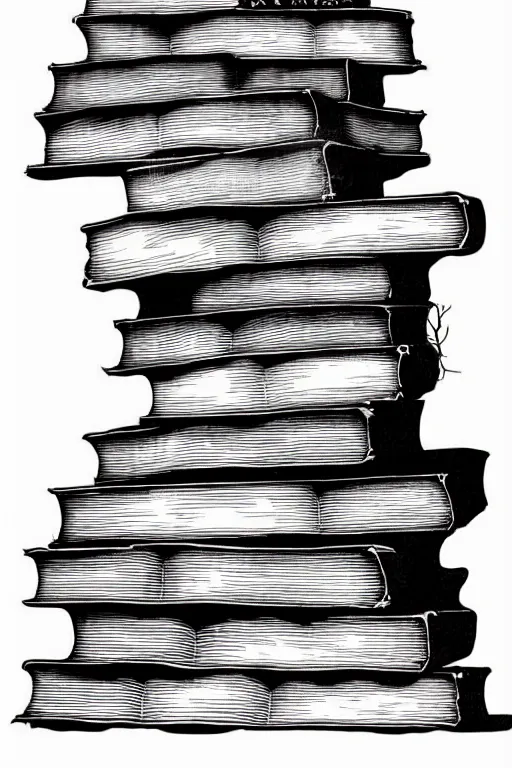 Image similar to stack of ancient books and skulls, art by m c escher, surreal black ink sketch, black and white, vector, vector art