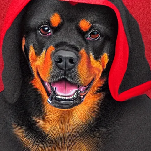 Image similar to Rottweiler wearing a red hoodie, digital art