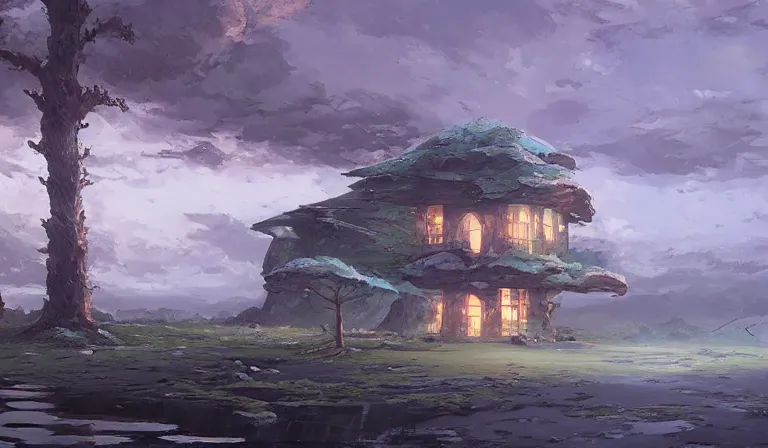 Prompt: A serene landscape with a singular building in the style of Christophe Young.