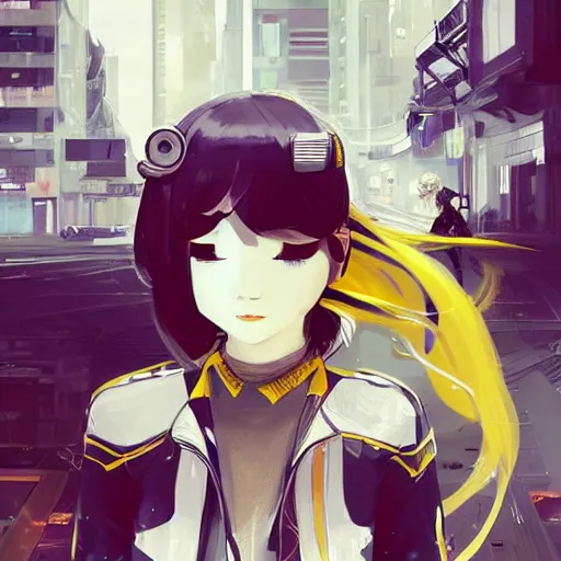 Image similar to luxury advertisement, white and yellow colors. highly detailed post-cyberpunk sci-fi close-up schoolirl in asian city in style of cytus and deemo, mysterious vibes, by Ilya Kuvshinov, by Greg Tocchini, nier:automata, set in half-life 2, beautiful with eerie vibes, very inspirational, very stylish, surrealistic, perfect digital art, mystical journey in strange world, bastion game