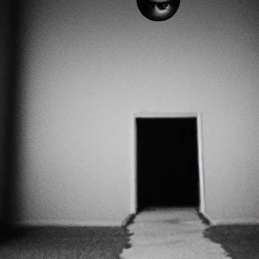 Image similar to a photo of a floating eyeball in an empty hallway with no windows and a shadow figure