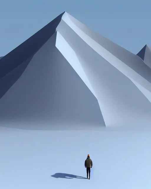 Image similar to a man standing in the middle of a mountain, a low poly render by filip hodas, behance contest winner, environmental art, rendered in cinema 4 d, volumetric lighting, low poly