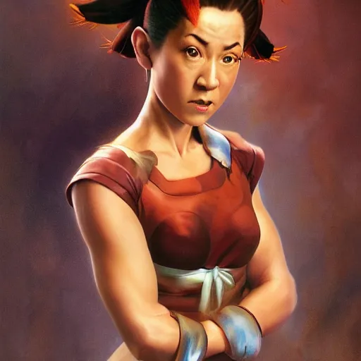 Image similar to ultra realistic kristen schaal as chun li from street fighter, portrait painting by frank frazetta, 4 k, ultra realistic, highly detailed,