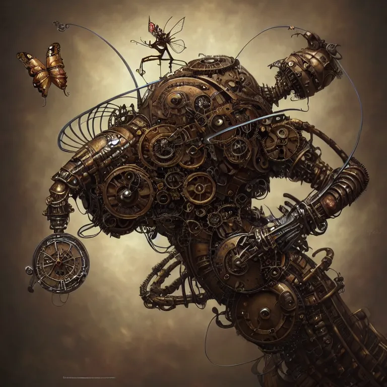 Prompt: portrait shot of a steampunk robot butterfly, unreal engine realistic render, 8 k, micro detail, intricate, elegant, highly detailed, centered, digital painting, artstation, smooth, sharp focus, illustration, artgerm, tomasz alen kopera, peter mohrbacher, donato giancola, joseph christian leyendecker, wlop, boris vallejo