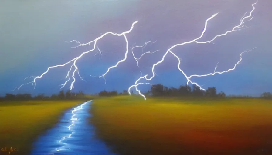 Prompt: A beautiful abstract oil painting of a rainy landscape; lightning; a lonely tree