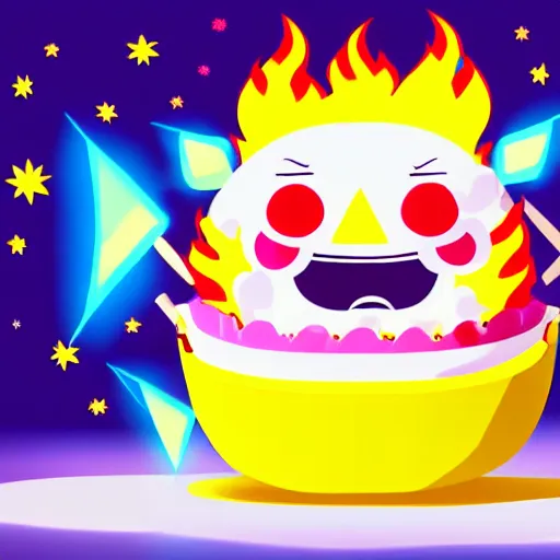 Prompt: kawaii wacky fluffy popcorn with lightning bolt power, yokai, in the style of a mamashiba, with a yellow beak, with a smiling face and flames for hair, sitting on a lotus flower, white background, simple, clean composition, symmetrical