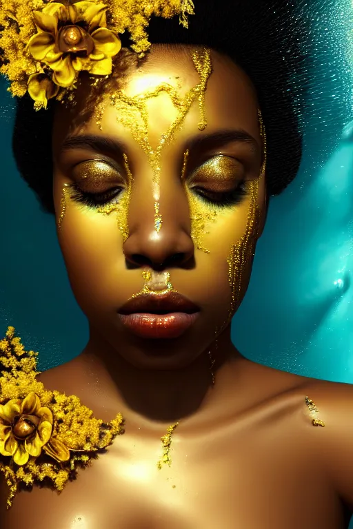 Image similar to hyperrealistic neo rococo cinematic very expressive! black oshun goddess, open eyes, body in water, mirror dripping droplet!, gold flowers, highly detailed face, digital art masterpiece, smooth eric zener cam de leon dramatic pearlescent teal light, ground angle uhd 8 k, sharp focus