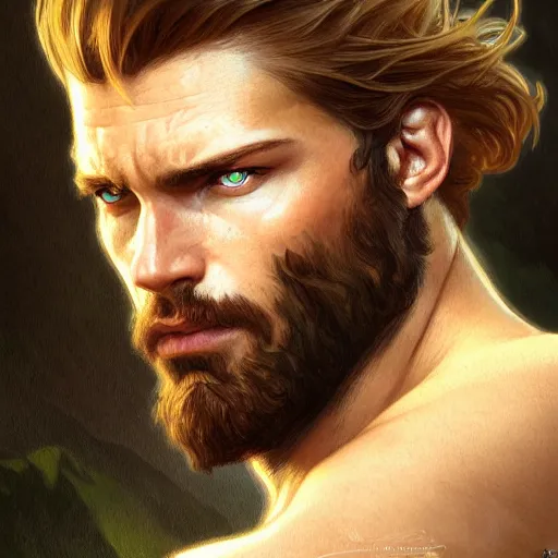 Image similar to Portrait of rugged male ranger, D&D, amber eyes, face, long hair, muscular, fantasy, intricate, elegant, highly detailed, digital painting, artstation, concept art, smooth, sharp focus, illustration, art by artgerm and greg rutkowski and alphonse mucha