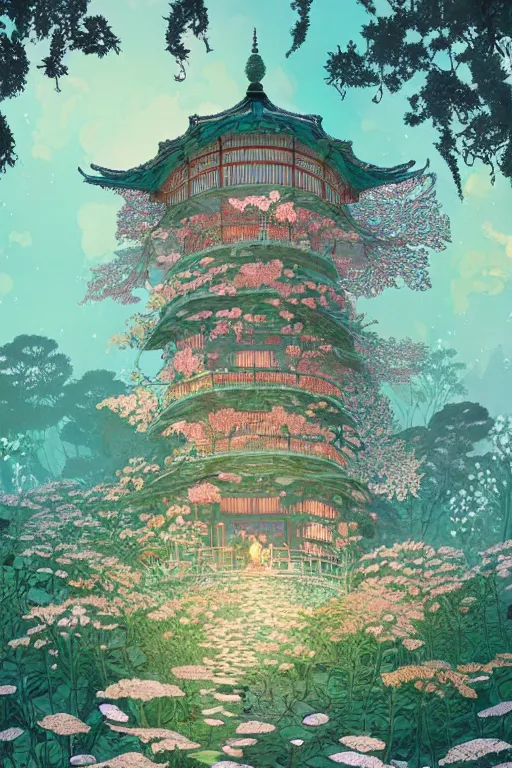 Prompt: a beautiful hyperdetailed matte illustration victo ngai style of absolutely beautiful blooming flower house, from china, perfectly shaded, atmospheric lighting, style of studio ghibli, makoto shinkai, raphael lacoste, louis comfort tiffany, artgerm, james jean, ross tran, chinese style