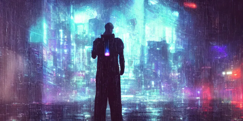 Prompt: one cyber godly person made of cosmic nebula galaxy energy watching a rainy colorful complex cyberpunk futuristic city from behind at night through a window in a room, reflections, 8 k, photorealistic, concept art, wet, highly detailed, cinematic mood by ridley scott, trending on artstation, glowing and epic