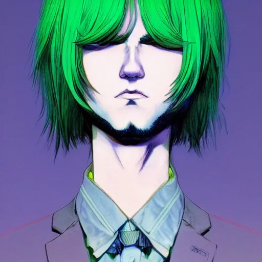 Prompt: character portrait of a boy with green long straight hair soft light painted by james jean and katsuhiro otomo and erik jones, inspired by evangeleon anime, smooth face feature, high detail illustration, sharp high detail, manga and anime 1 9 9 9