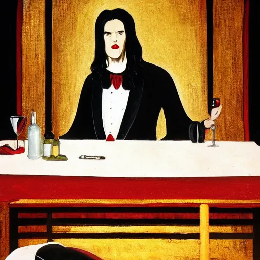 Prompt: vampire dressed in black and red formal clothing, with long black hair, clean shaven, holding a glass of wine and a lit match, sitting atop a catholic church altar. Wide shot, oil painting, dark, realistic.