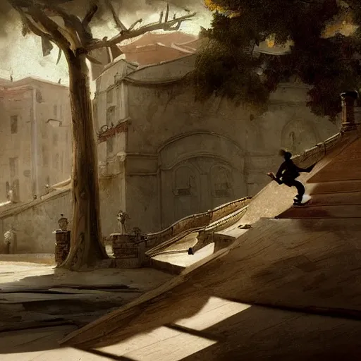Image similar to skateboarder tricks painting dynamic very very detailed by hubert robert balanced cinematic