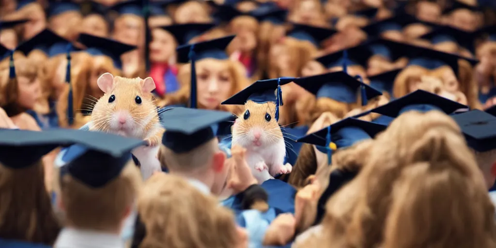 Prompt: An award-winning photo of a hamster in a graduate hat doing a speech from a speech tribune in front of other hamsters in the academy, volumetric lights, university, dirt, dramatic, cinematic, 8K, award winning photo