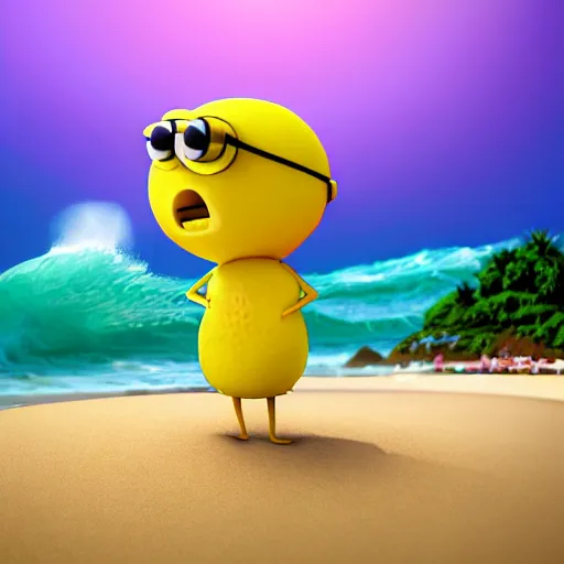 Image similar to 3 d octane render, of an anthropomorphic lemon character inspired by cartoon adventure time with lemon skin texture, it is wearing a hat, building a sandcastle on the beach at sunset, beach, huge waves, sun, clouds, long violet and green trees, rim light, cinematic photography, professional, sand, sandcastle, volumetric lightening