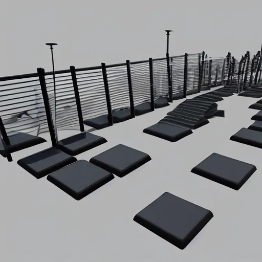 Image similar to futuristic obstacle course with barriers, 3 d render, highly detailed