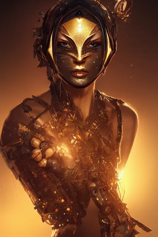 Image similar to stunningly beautiful, clockwork ninja in jungle, symmetrical face, golden hour, smooth, focus, highly detailed, hyper realistic, dramatic lighting, elegant, intricate, concept art, low angle, art by wlop, mars ravelo, greg rutowski, artstation