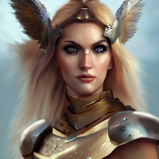 Prompt: a portrait of a Valkyrie with blonde hair wearing skimpy armor, painterly, photoshop, artstation, Evan Lee