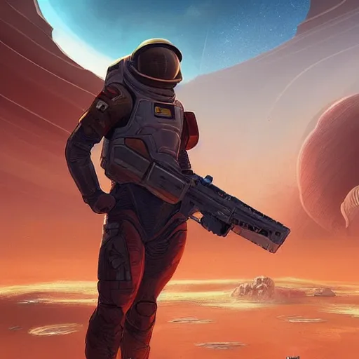 Image similar to space soldier on mars with a gun, space city with floating islands in the background, with surrounding floating islands, a highly detailed, digital painting, artstation, concept art, matte, sharp focus, illustration, art by artgerm and greg rutkowski