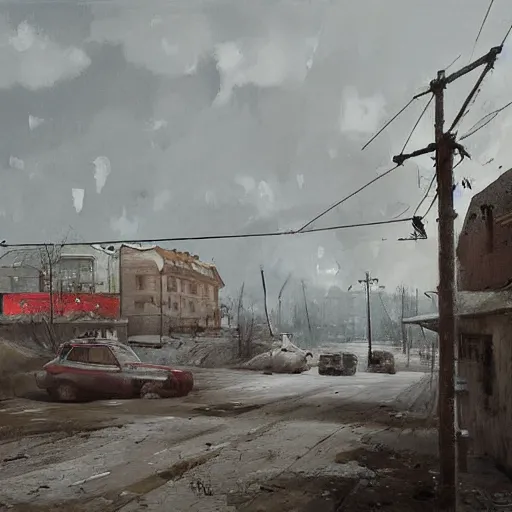 Image similar to painting of a post soviet town by jakub rozalski