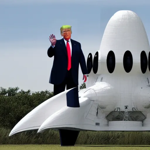 Prompt: trump standing underneath starship rocketship