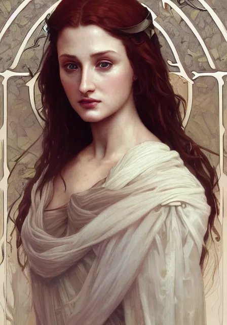 Image similar to sansa gessica chastain, intricate, elegant, highly detailed, digital painting, artstation, concept art, smooth, sharp focus, illustration, art by artgerm and greg rutkowski and alphonse mucha and william - adolphe bouguereau