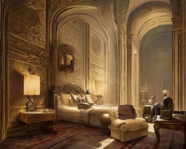 Image similar to a 5 star hotel suite room in the style of renaissance florence, art by greg rutkowski and artgerma, stunning concept art, interior design