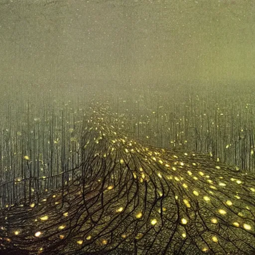 Prompt: A dendritic network of neurons coming from a large brain + concept art + by John Atkinson Grimshaw