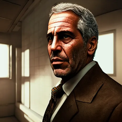 Image similar to jeffrey epstein in wolfenstein, splash art, movie still, cinematic lighting, glowing, neon light, ray tracing, octane render, long lens, shallow depth of field, bokeh, anamorphic lens flare, 8 k, hyper detailed, 3 5 mm film grain