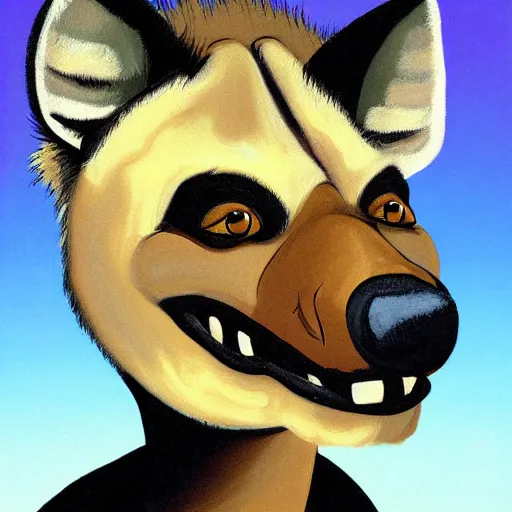 Image similar to painted portrait of an anthropomorphic hyena smiling, cartoon style