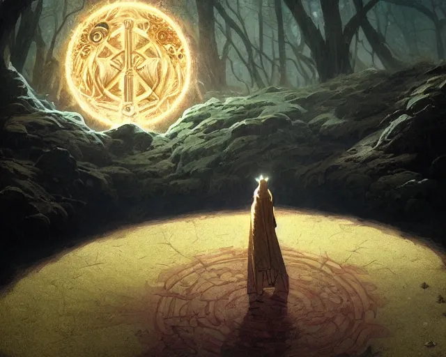 Image similar to a druid standing in a circle at the beginning of the world by greg rutkowski and frank frazetta and peter mohrbacher and william blake and dan mumford