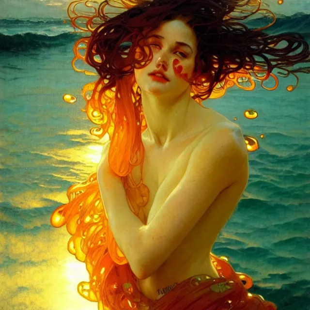 Prompt: ocean waves of glossy liquid honey drops flowing like translucent amber, lsd waves, lsd ripples, backlit, sunset, refracted lighting, art by collier, albert aublet, krenz cushart, artem demura, alphonse mucha