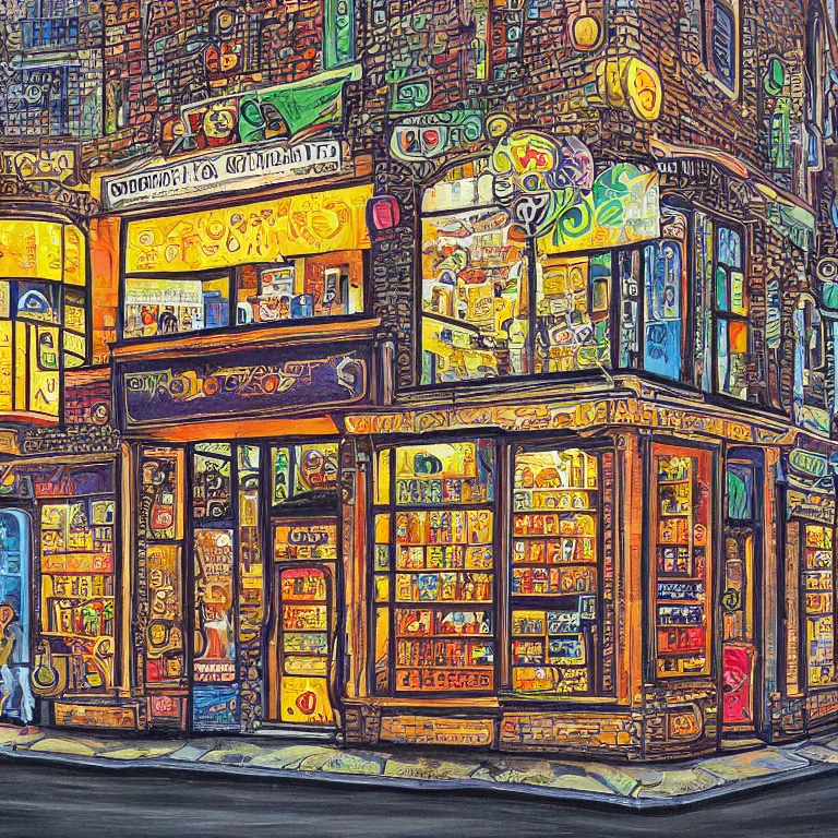 Image similar to modern coin shop. intricately detailed acrylic painting