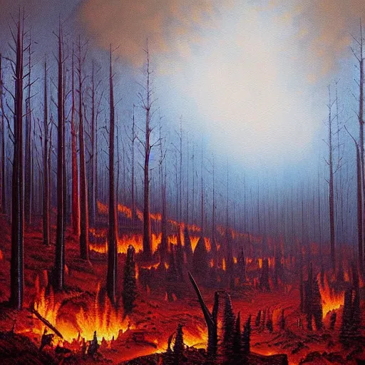 Image similar to a painting of a fire in a forest, a matte painting by Jeffrey Smith, deviantart, fantasy art, apocalypse landscape, apocalypse art, airbrush art