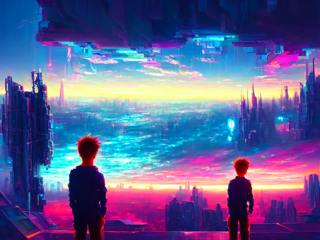 Prompt: a painting of a boy in a crystal box watching a colorful sunrise futuristic city surrounded by clouds, cyberpunk art by yoshitaka amano and alena aenami, cg society contest winner, retrofuturism, matte painting, apocalypse landscape, cityscape