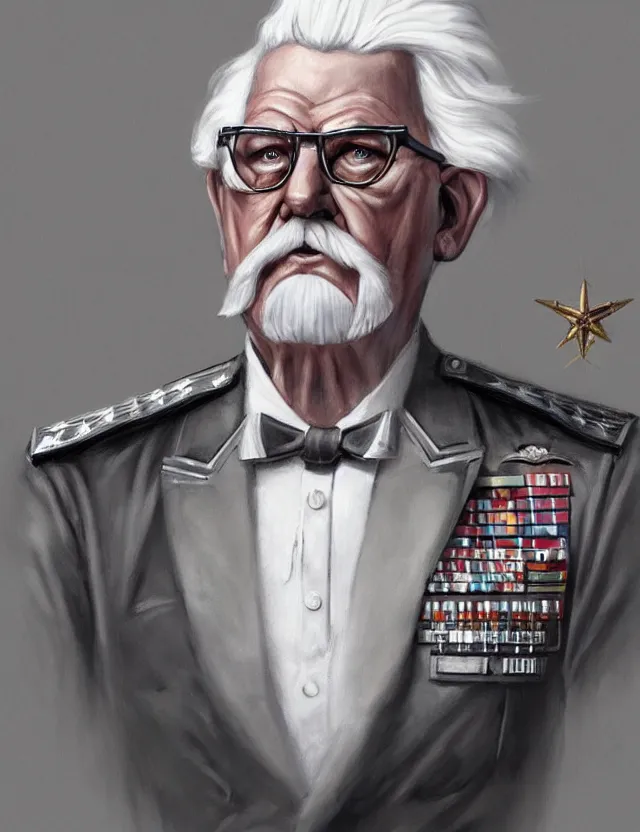 Image similar to a portrait of colonel sanders as a military dictator, by moebius and tyler edlin and hr giger, trending on artstation, digital art, 4 k resolution, detailed, high quality, sharp focus, hq artwork, coherent, insane detail, concept art