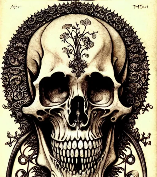 Image similar to memento mori by arthur rackham, art forms of nature by ernst haeckel, exquisitely detailed, art nouveau, gothic, ornately carved beautiful skull dominant, intricately carved antique bone, art nouveau botanicals, ornamental bone carvings, art forms of nature by ernst haeckel, horizontal symmetry, arthur rackham, ernst haeckel