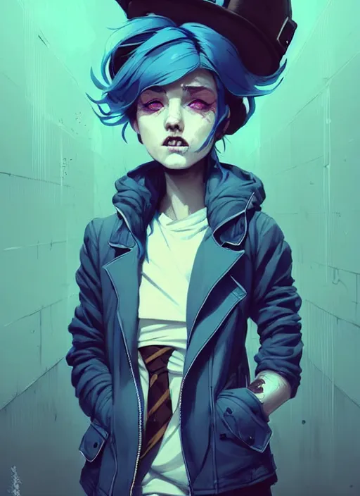 Image similar to highly detailed portrait of a sewer punk lady student, blue eyes, formal jacket, white hair by atey ghailan, by greg rutkowski, by greg tocchini, by james gilleard, by joe fenton, by kaethe butcher, gradient blue, black, brown and cyan color scheme, grunge aesthetic!!! ( ( graffiti tag wall background ) )