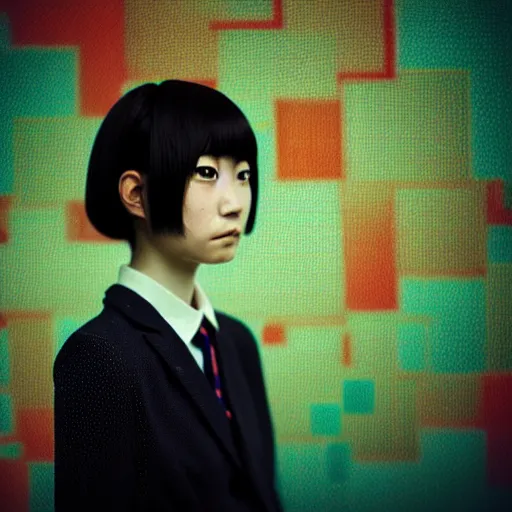 Prompt: yoshitaka amano blurred and dreamy realistic three quarter angle portrait of a young woman with short hair and black eyes wearing office suit with tie, junji ito abstract patterns in the background, satoshi kon anime, noisy film grain effect, highly detailed, renaissance oil painting, weird camera angle, blurred lost edges