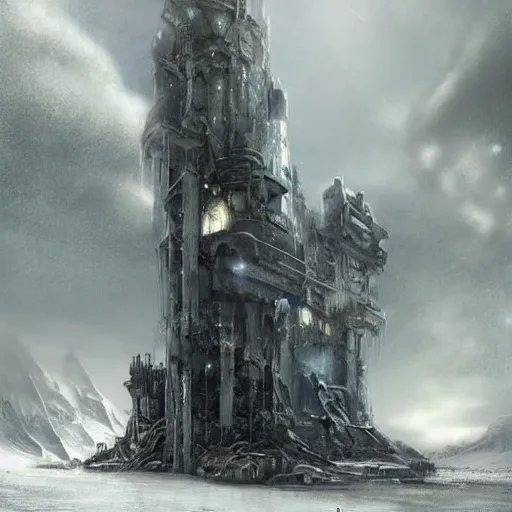 Image similar to ice city in 2 0 8 0, antarctica, technology, fantasy, landscape, 4 k, baptiste monge!!!!!!!!!!!!!!!!!!!!!, dark mood!!! overdetailed art