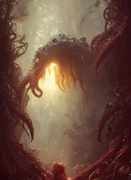 Image similar to my bed is a forest with a giant cthulhu eyes horror by gaston bussiere, anna nikonova aka newmilky, greg rutkowski, yoji shinkawa, yoshitaka amano, moebius, donato giancola, geoffroy thoorens, trending on artstation, featured on pixiv, cinematic composition