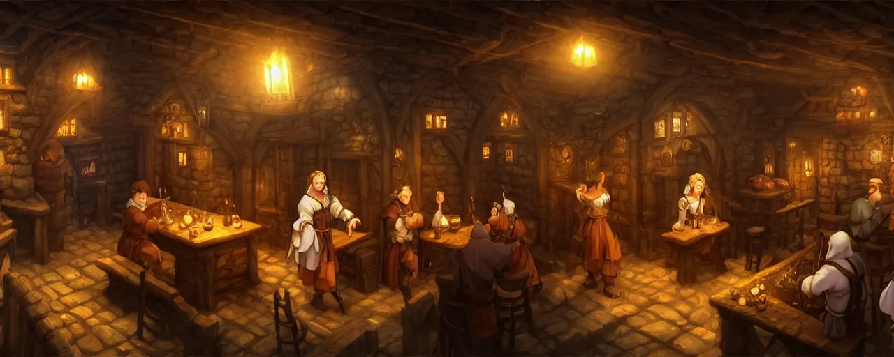Prompt: A medieval cozy tavern with a bard on a stage on the centre of the frame, screenshot from anime hidden object game, cinematic lighting, epic composition, cartoon, animation, background art, post processing, 8K resolution, elegant, highly detailed, digital painting, artstation, concept art, matte, sharp focus, illustration, art by da Vinci, Artgerm and Greg Rutkowski and Alphonse Mucha, Fire Emblem inspiration, RPG inspiration, JRPG inspiration