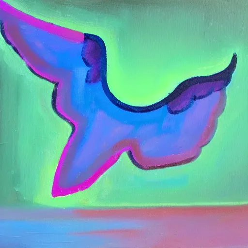 Image similar to Humans with wings flying to a neon light, oil painting